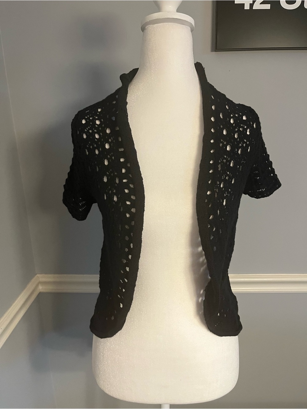 Black crochet open front Short-Sleeve Cardigan -